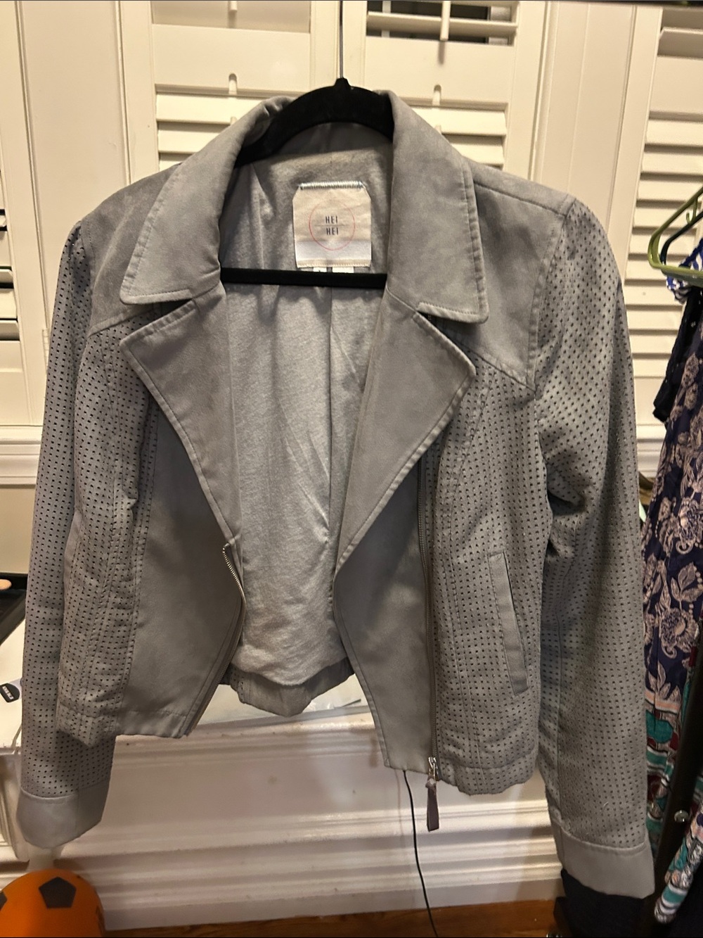 Light Gray Perforated Suede Moto Jacket